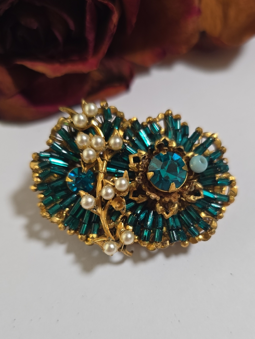 Miriam Haskell Gold-Tone Teal Crystal & Pearl Floral Brooch